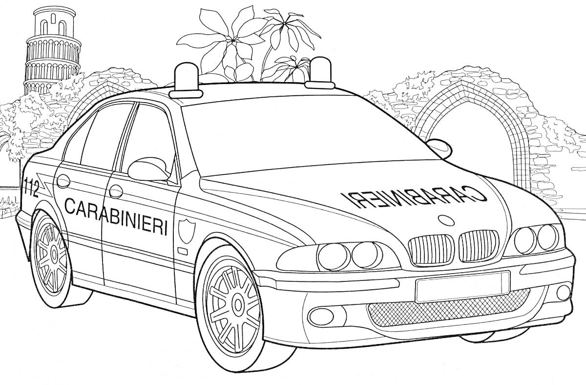 Раскраска Патрульный автомобиль карабинеров на фоне архитектурных элементов и деревьев