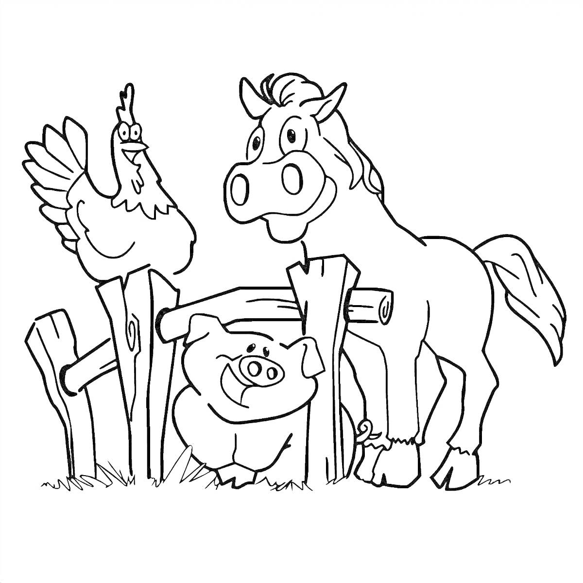 Раскраска Курочка на заборе, поросенок перед забором, лошадь стоящая рядом с забором