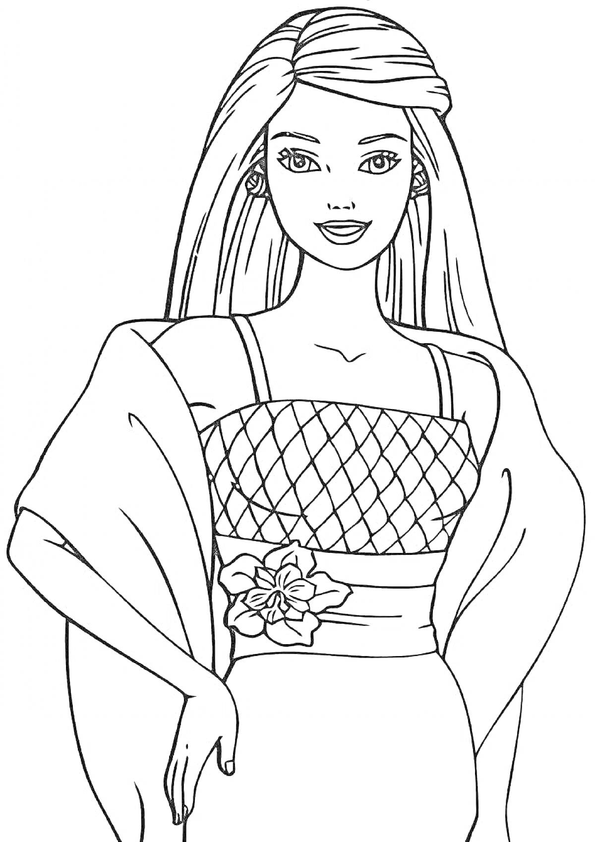 Раскраска Девушка в платье с сетчатым верхом и цветком на поясе, накидка, длинные волосы