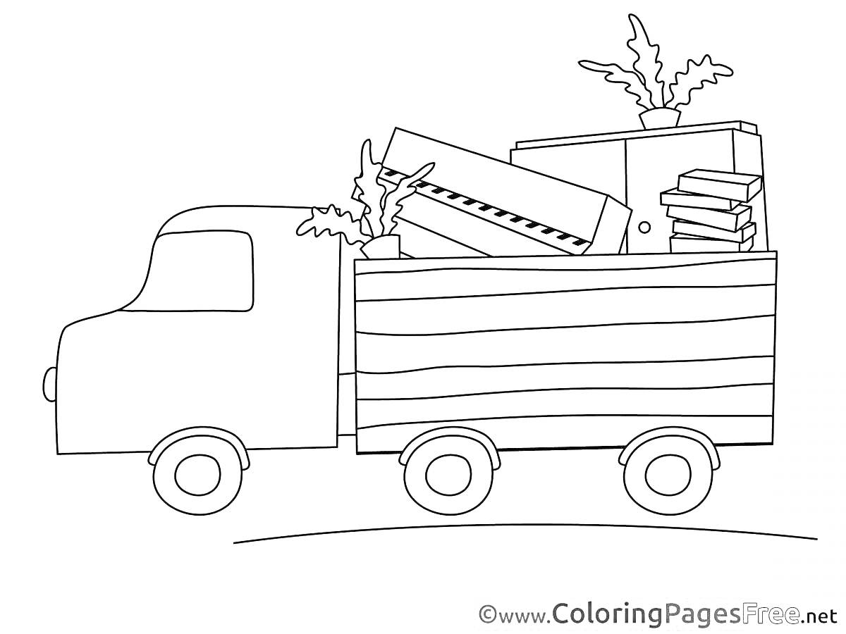 На раскраске изображено: Фургон, Мебель, Растения, Перевозка, Предметы, Транспортировка