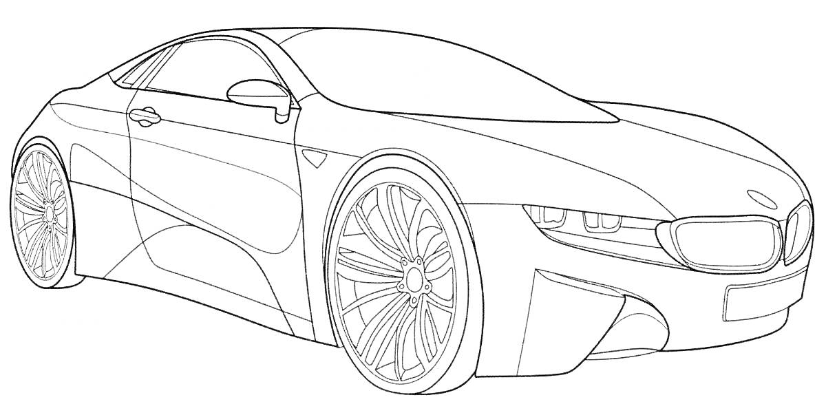 Раскраска Спортивный автомобиль BMW i8, вид спереди сбоку, крупные колеса, фары, зеркала, двери, кузов