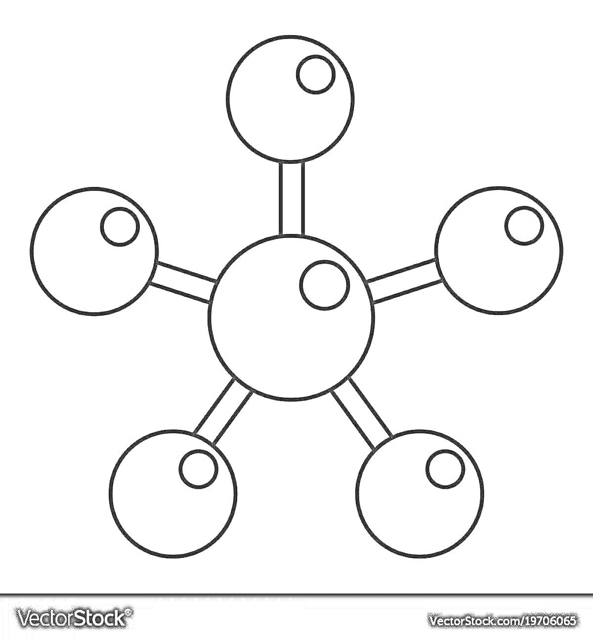 Раскраска Схематичное изображение молекулы с пятью атомами, соединенными с центральным атомом