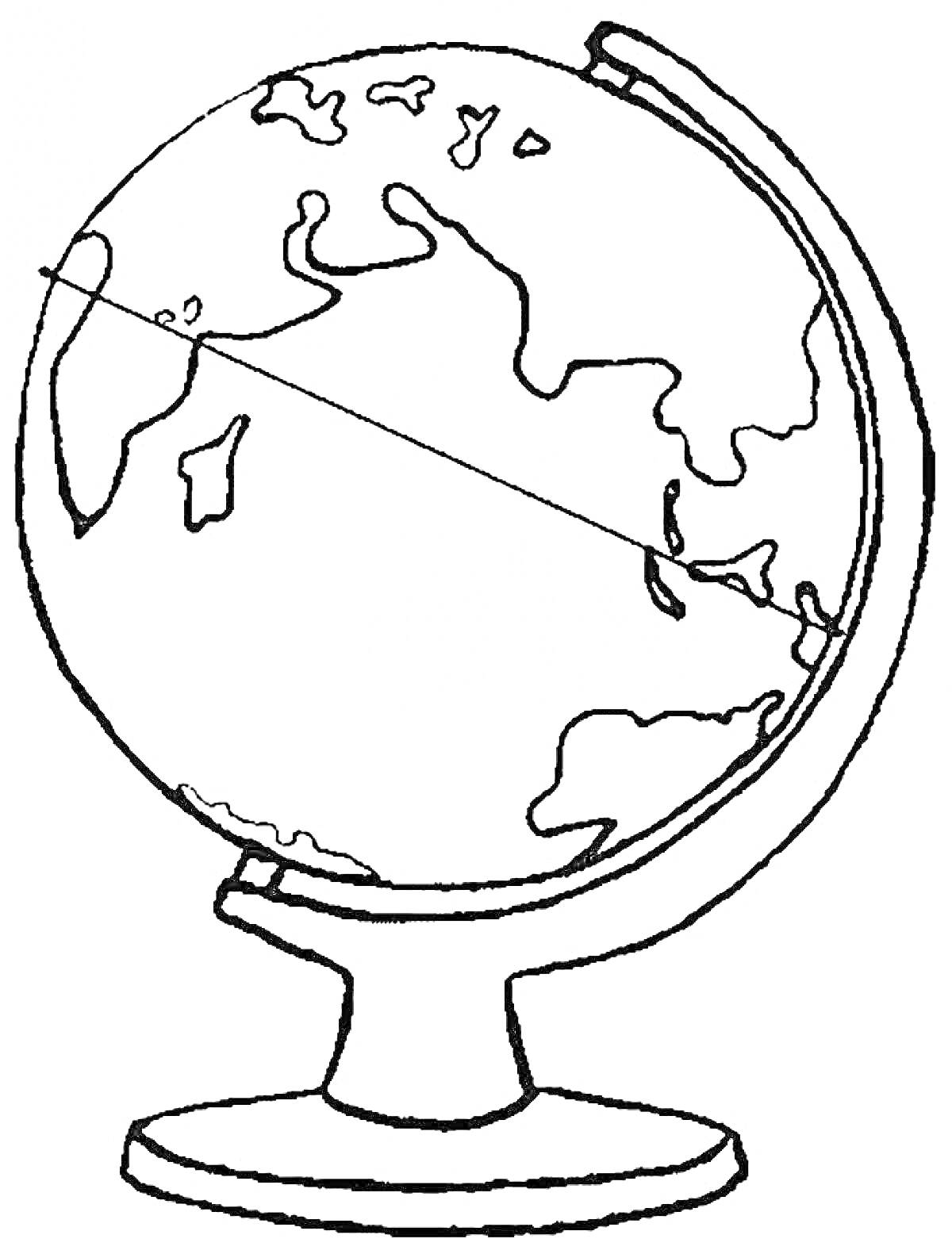 Раскраска Глобус на подставке с изображением континентов и меридиана