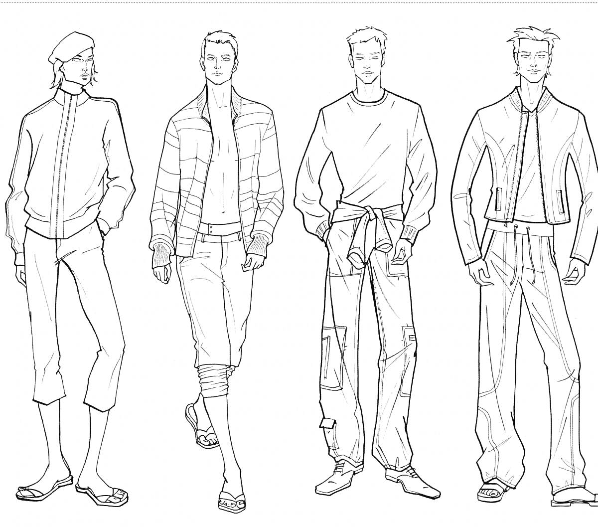 На раскраске изображено: Мужчина, Полный рост, Одежда, Куртка, Брюки, Мода