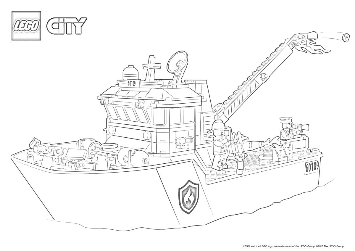 На раскраске изображено: Лего, Корабль, Полиция, Пожарная лестница, Море, Судно, Безопасность, Строительство, Lego city