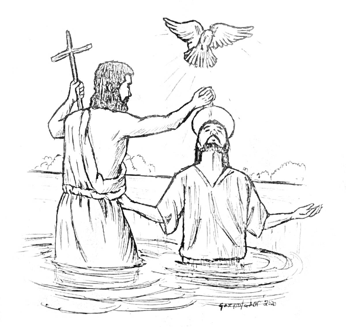 Раскраска Крещение Иисуса Иоанном Крестителем в реке с белым голубем над головой