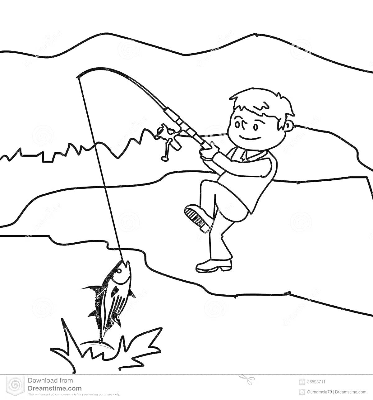 Раскраска Мальчик ловит рыбу на удочку у реки с горным пейзажем на заднем плане