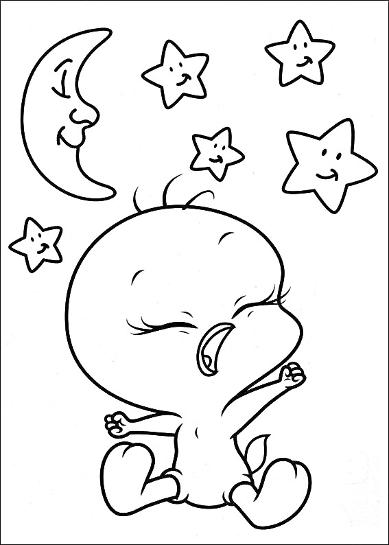 Раскраска Плачущий малыш Твити под улыбающимся месяцем и пятью звездами