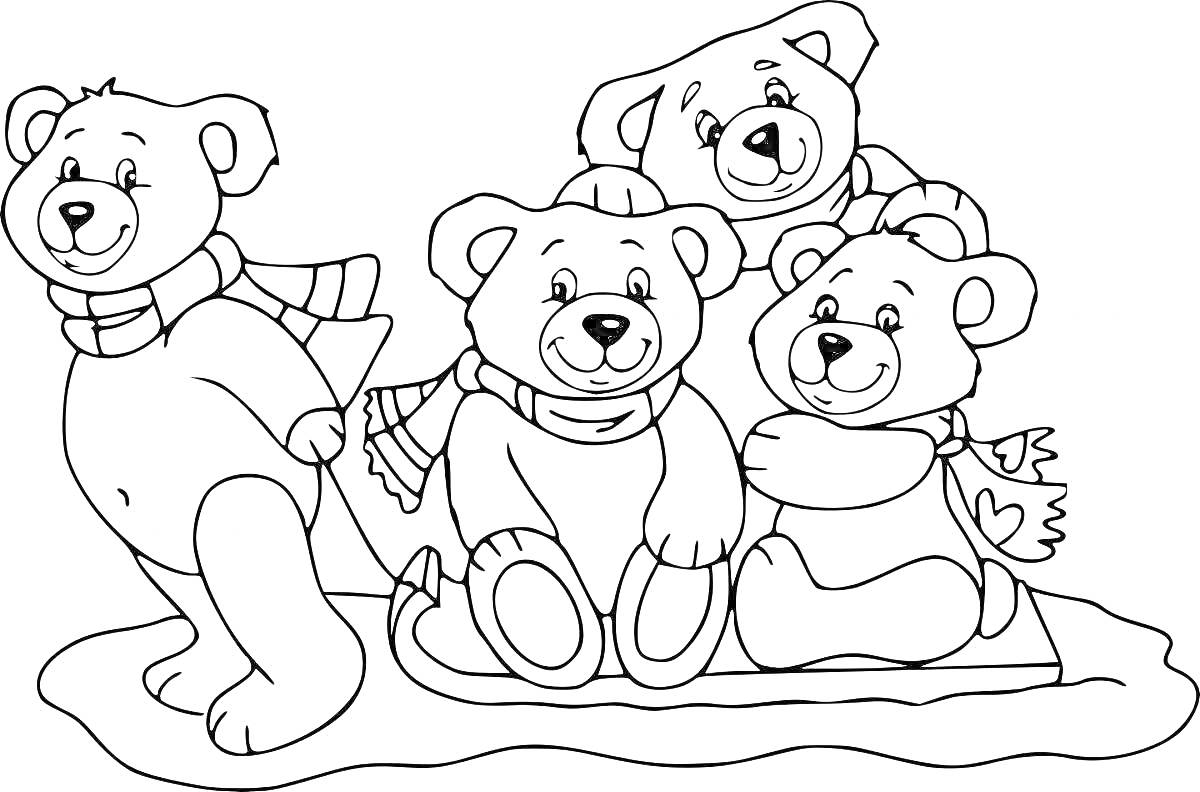 Раскраска Дети-медведи на санках в шарфах