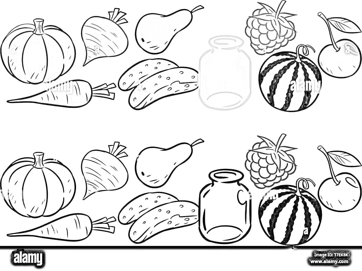Раскраска Раскраска с продуктами питания: тыква, свекла, груша, огурцы, банка, малина, арбуз, вишня