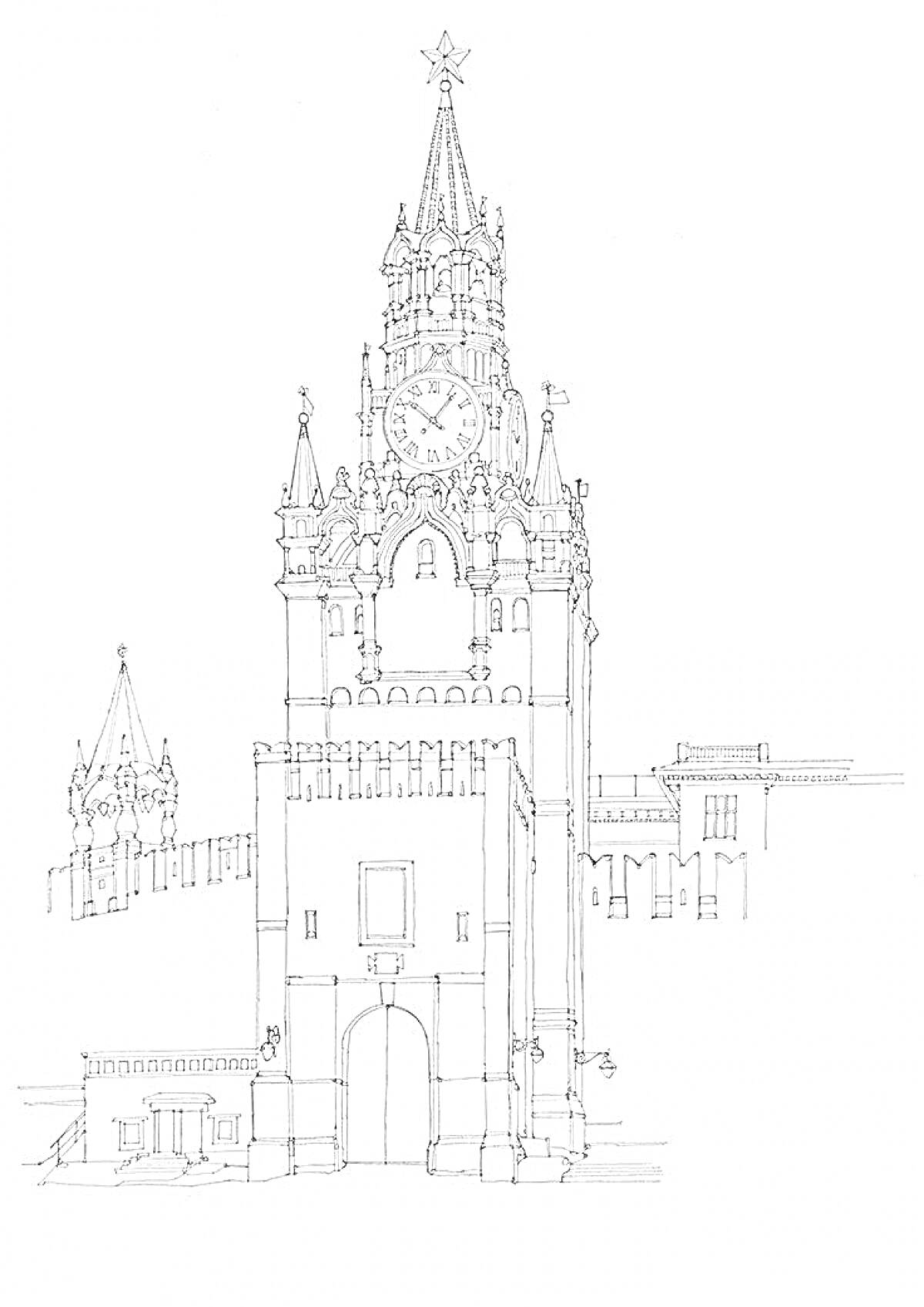 Раскраска Спасская башня Московского Кремля с окружающей стеной и архитектурными элементами