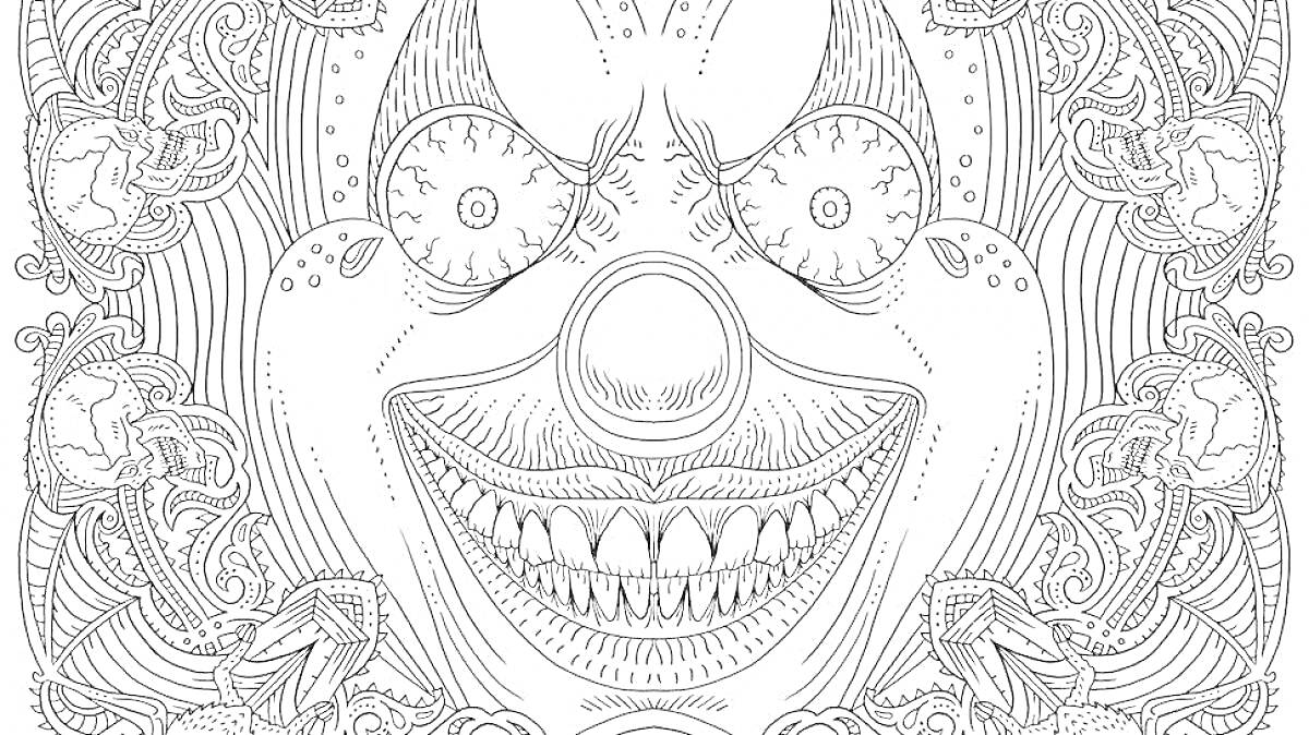 Раскраска Злобный клоун с зубастой улыбкой в окружении декораций из пауков и черепов