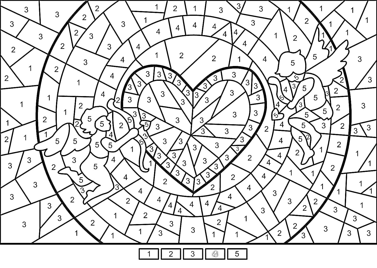  Сердце и амурчики, раскрашивание по цифрам