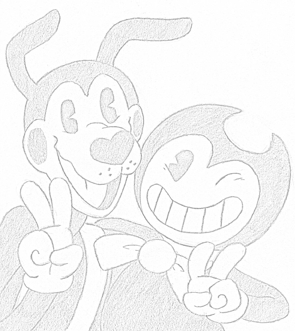 Раскраска два улыбающихся мультяшных персонажа, делают знак мира