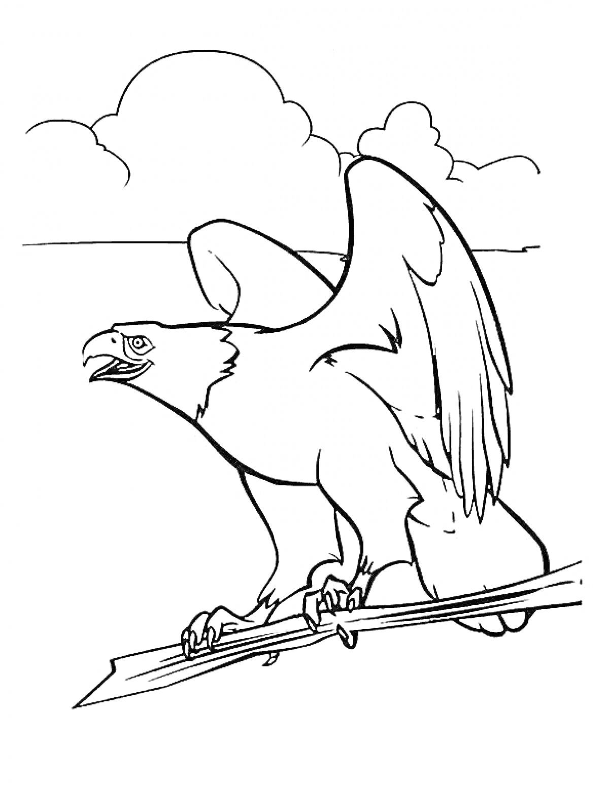 Орёл с распростёртыми крыльями на ветке перед облаками