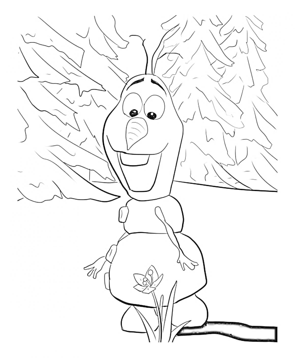 Раскраска Олаф на фоне леса с маленьким цветком на животе