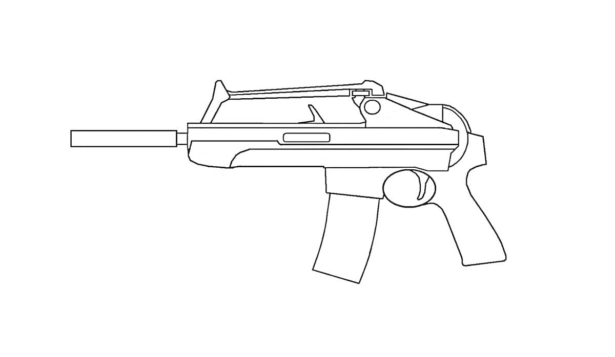 На раскраске изображено: Оружие, Пистолет-пулемет, Магазин, Прицел, Контурные рисунки
