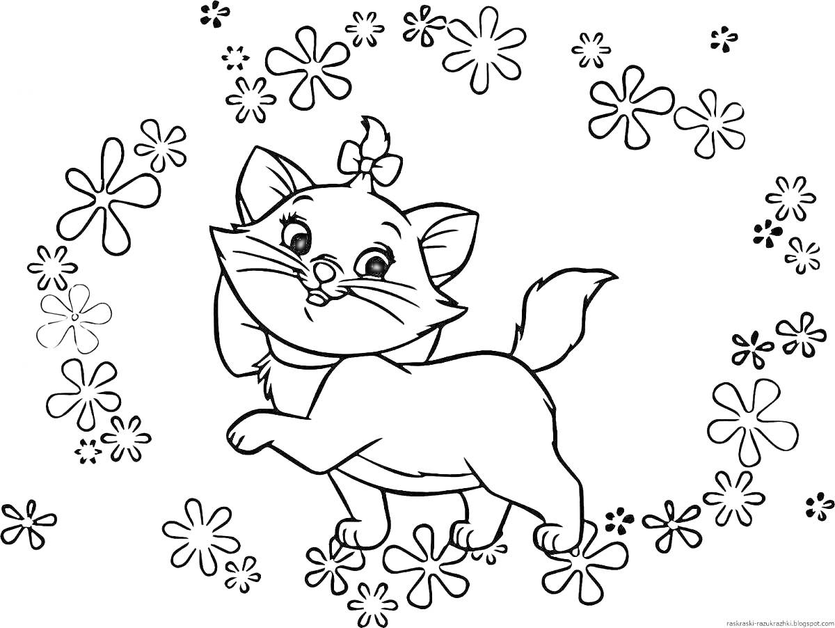 Раскраска котенок с бантиком на голове, окруженный цветами