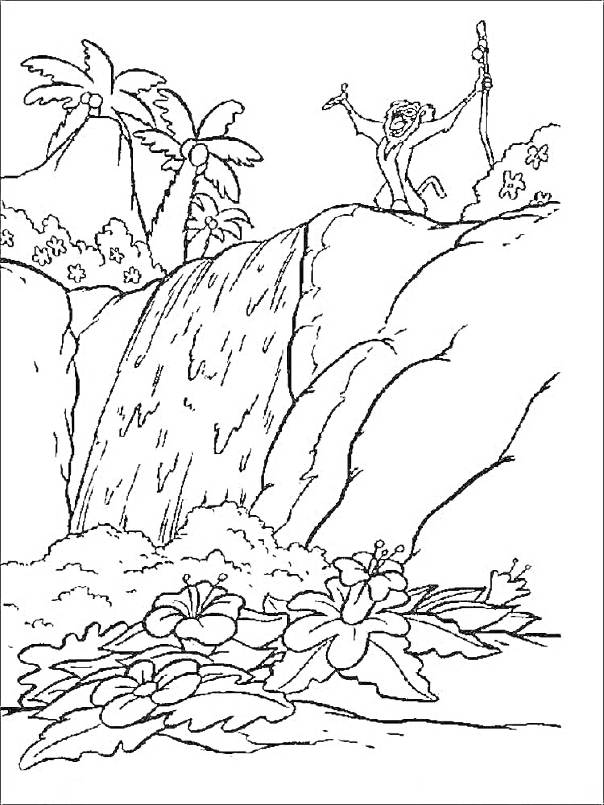 На раскраске изображено: Водопад, Тропический лес, Обезьяна, Пальмы, Цветы, Скалы, Растения, Природа