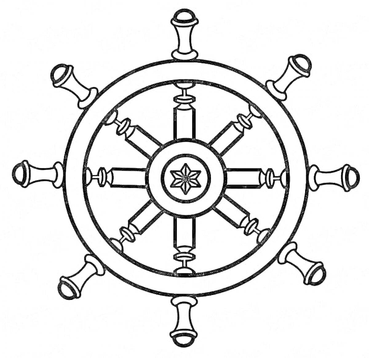 Штурвал корабля с декоративной розеткой в центре и восемью ручками