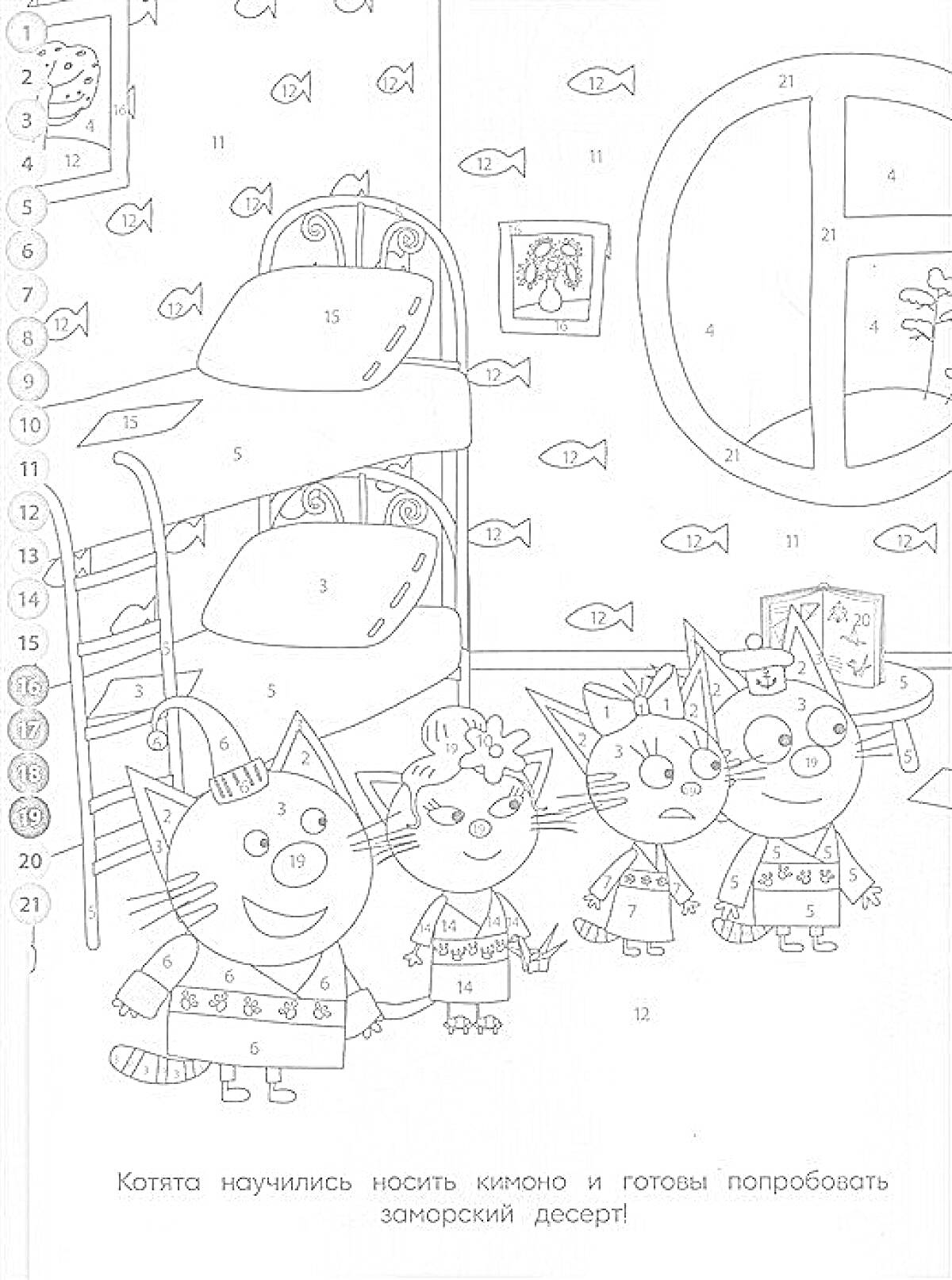 На раскраске изображено: Три кота, Комната, Интерьер, Для детей, Окна, Кот, По номерам