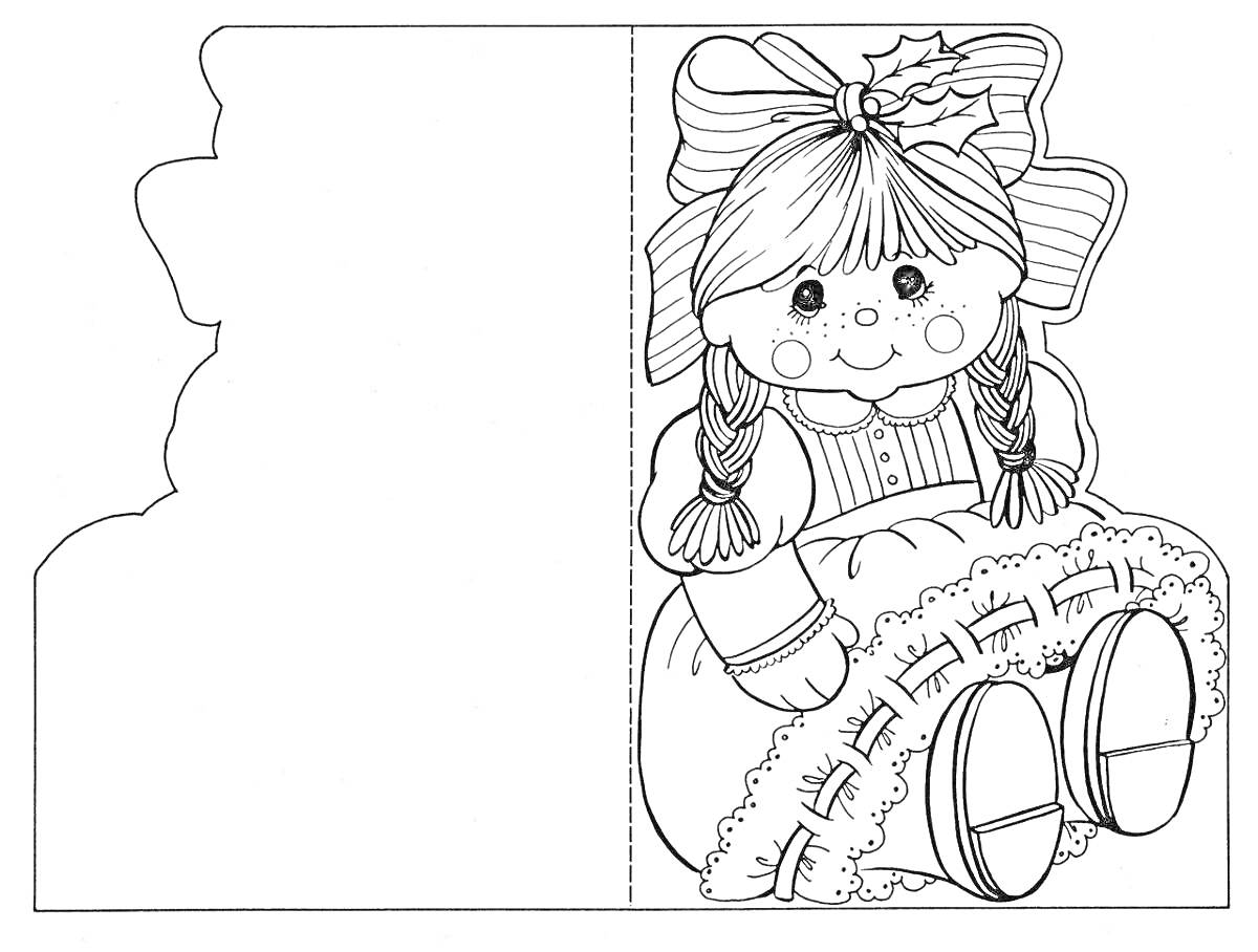 На раскраске изображено: Новогодняя открытка, Девочка, Зимняя одежда, Снежинки, Косички, Кукла, Платье, Праздники