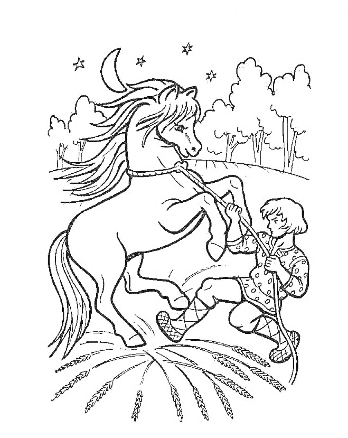 На раскраске изображено: Мальчик, Лошадь, Ночь, Звезды, Полумесяц, Поле, Деревья, Из сказок, Иллюстрация