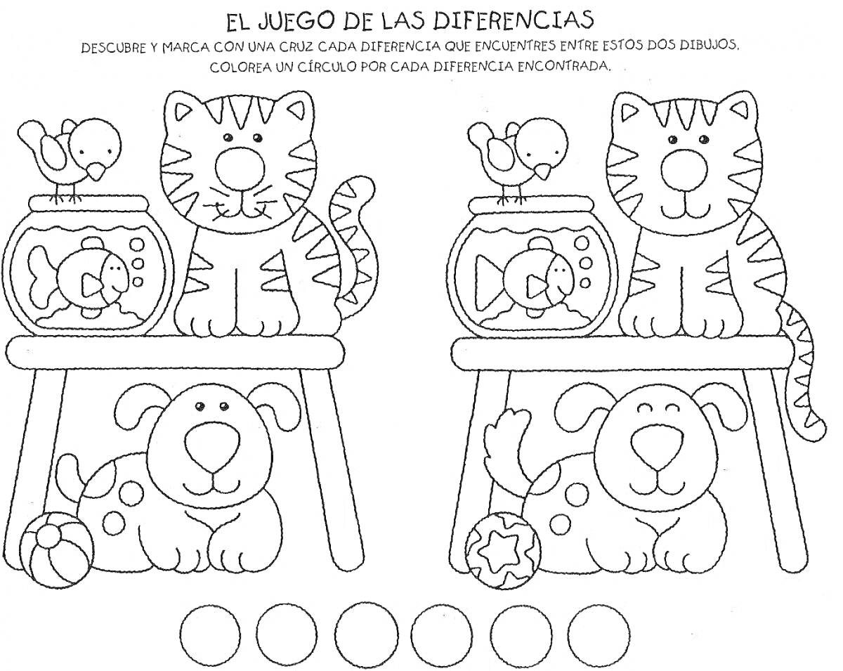 Раскраска Найди отличия - тигренок, котенок, собака, аквариум с рыбкой, шар на полу, плюшевая кость