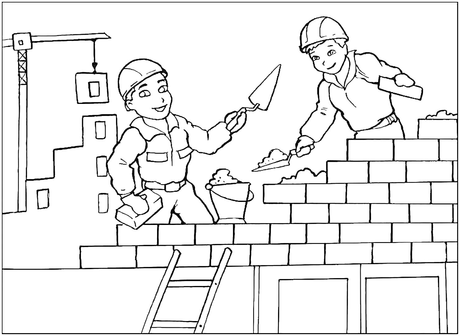 Раскраска Два строителя, кладущие кирпичи на стену, с краном, инструментами, ведром и лестницей