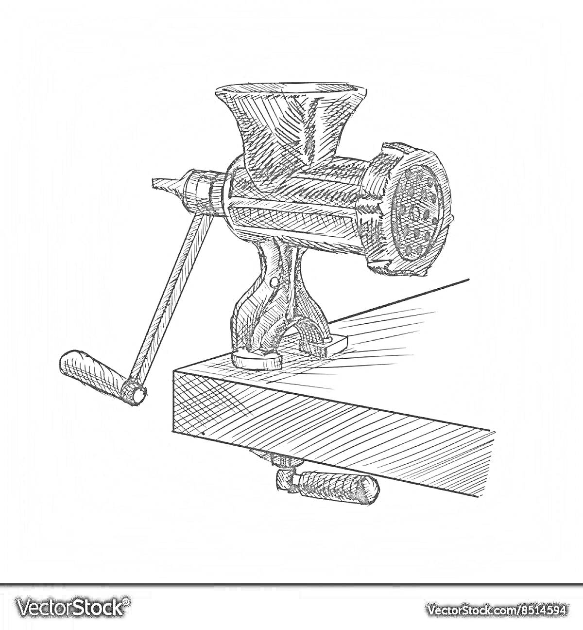 Раскраска Мясорубка с ручкой, закрепленная на краю стола