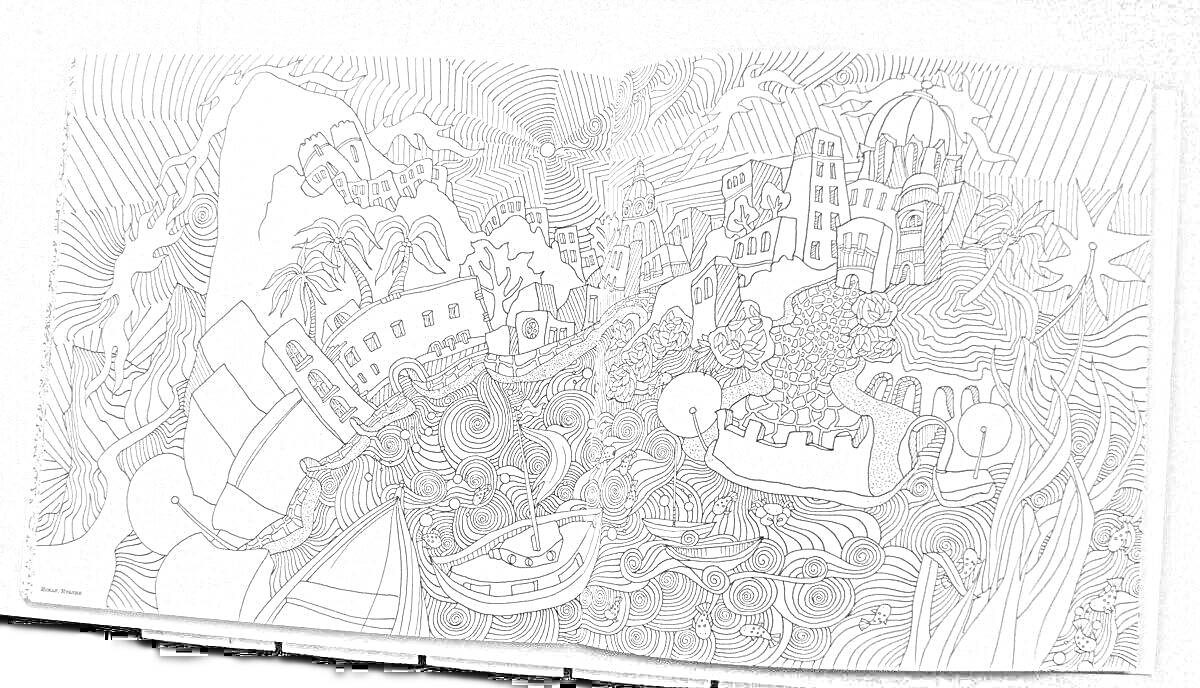 Раскраска Магия городов мира с лодками на реке, зданиями, деревьями, водопадом и магическими световыми эффектами