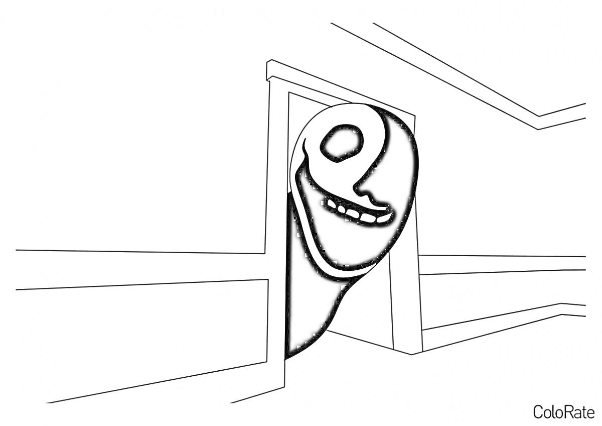 Раскраска Выходящий из двери силуэт с улыбающимся лицом в коридоре