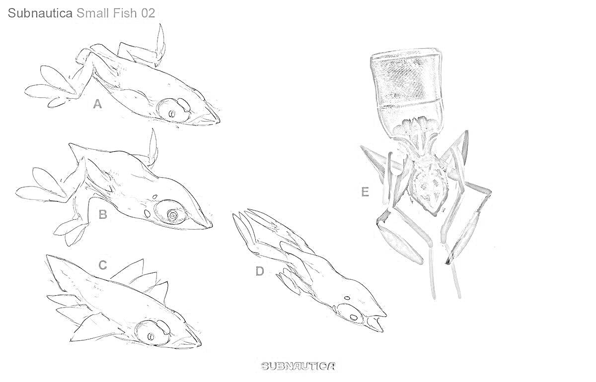 Раскраска Небольшие рыбы из Subnautica, изображены разные виды рыб A, B, C, D, E