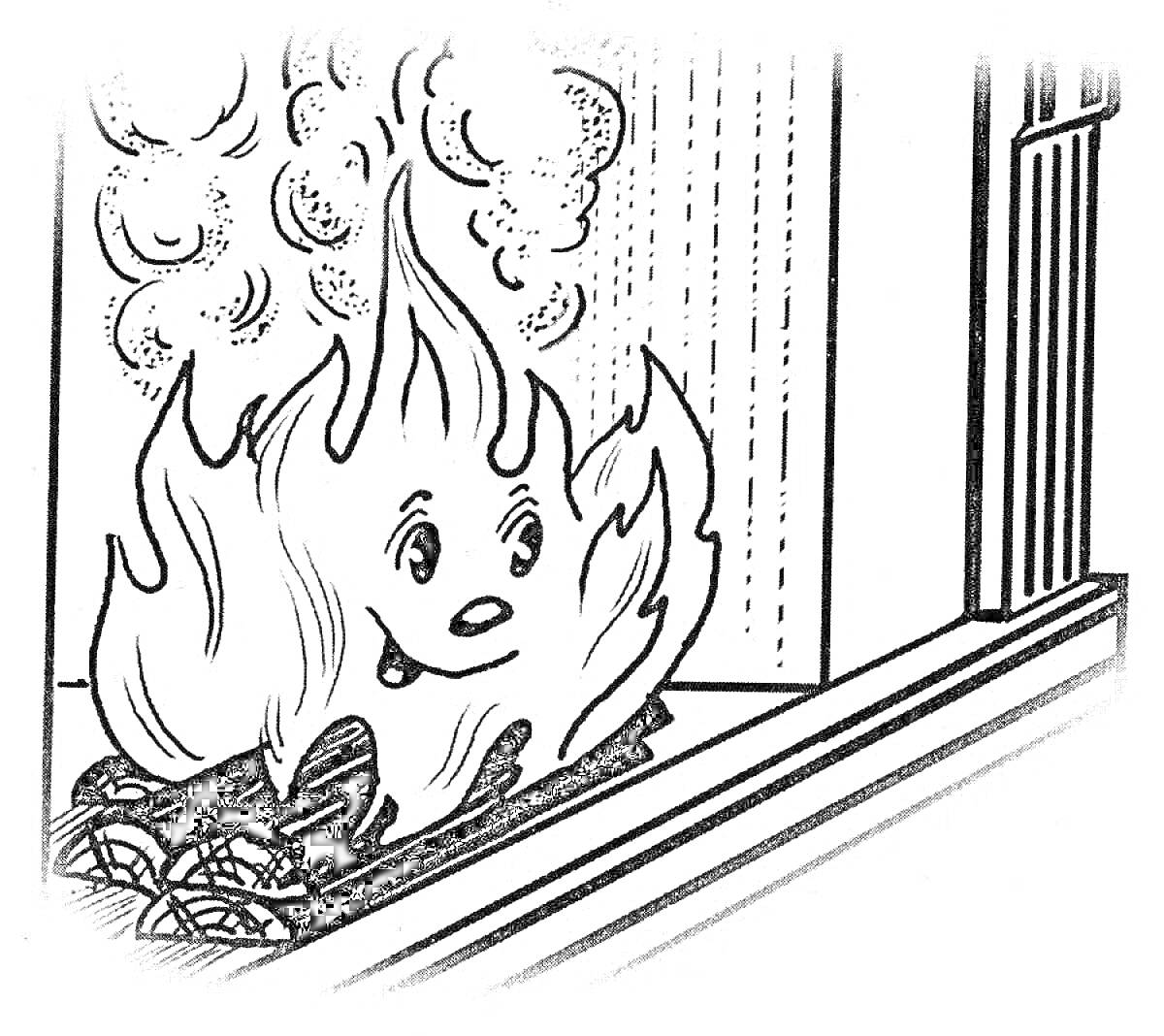 На раскраске изображено: Огонь, Дом, Дым, Окна, Пожарная безопасность, Иллюстрация