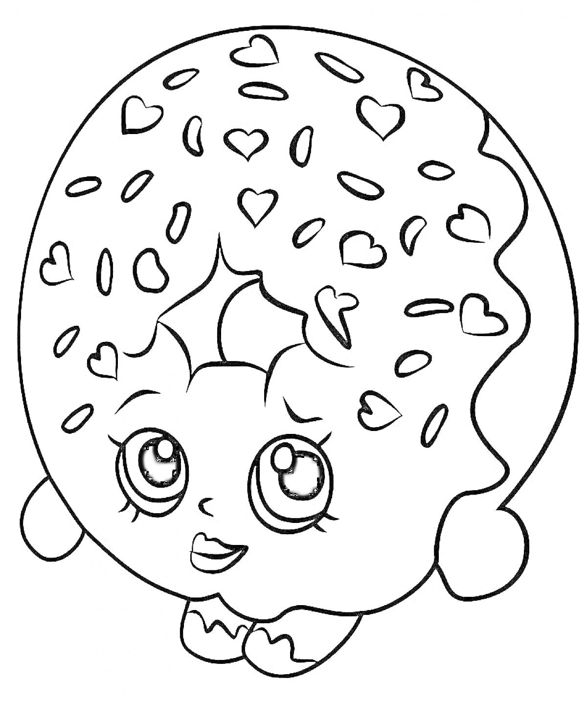 Раскраска Пончик с глазками, сердцами и кусочками глазури