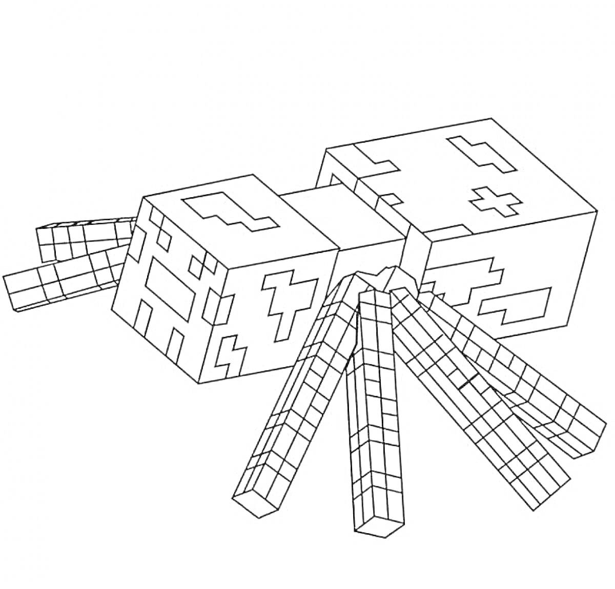 Раскраска Майнкрафт паук с кубическими ногами и телом