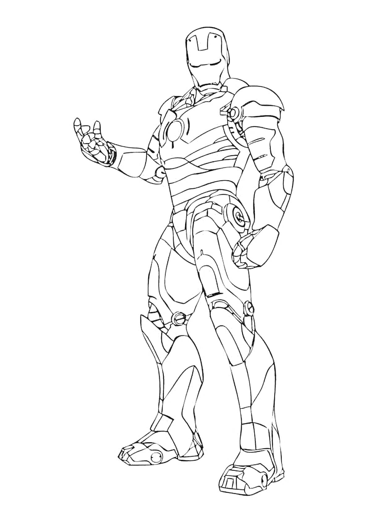 Раскраска Раскраска Железного Человека: стоящая фигура в костюме, правая рука согнута и поднята, кисть сложена в жесте сжатого кулака с вытянутым указательным пальцем