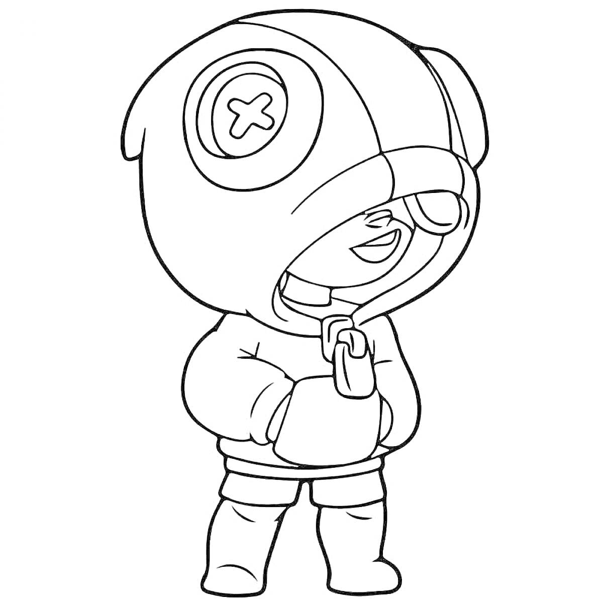 Раскраска Персонаж из игры в костюме с капюшоном и закрытым глазом, на капюшоне значок с крестиком