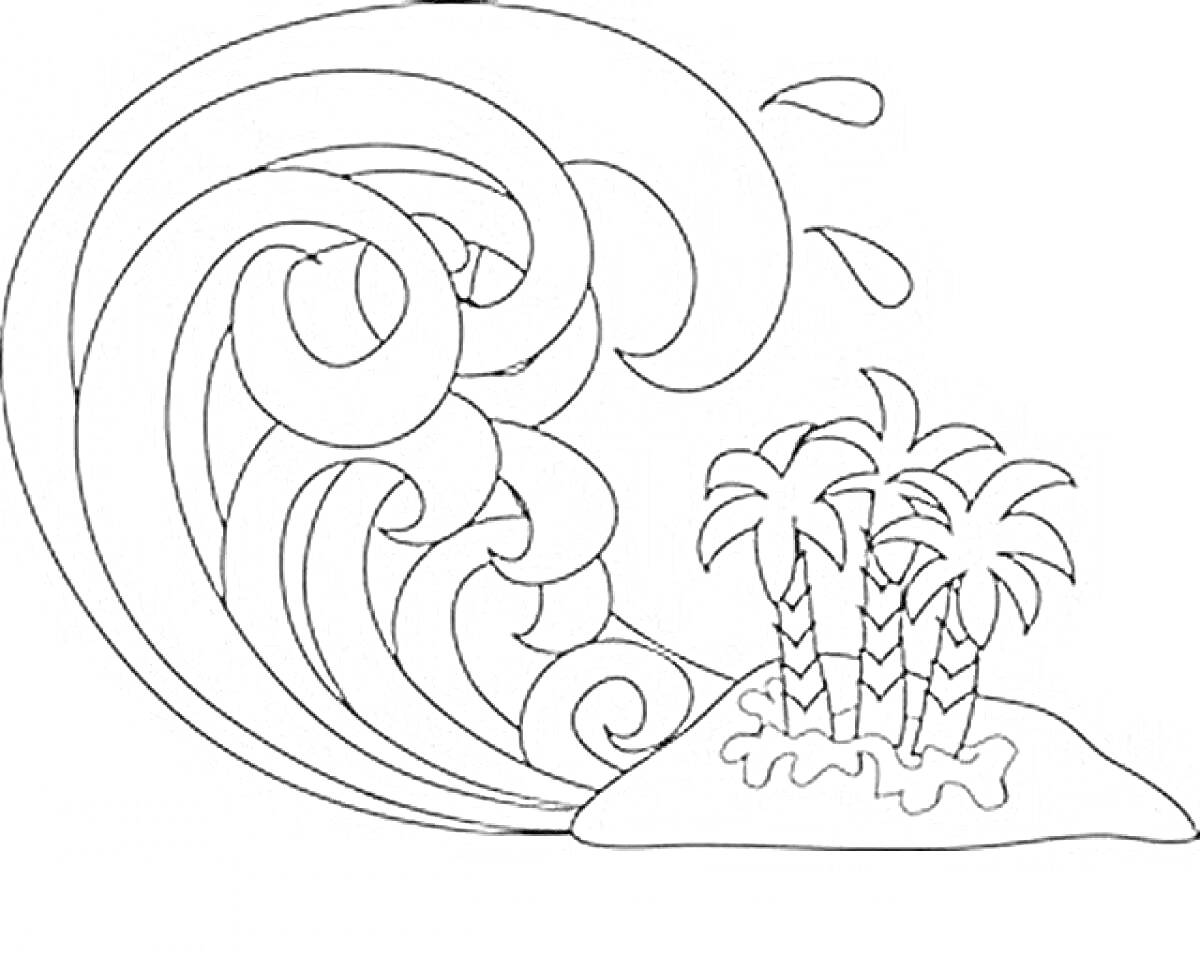 На раскраске изображено: Волны, Остров, Пальмы, Вода, Природа