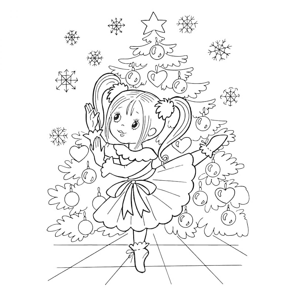 Раскраска Девочка в новогоднем костюме перед ёлкой с украшениями и снежинками