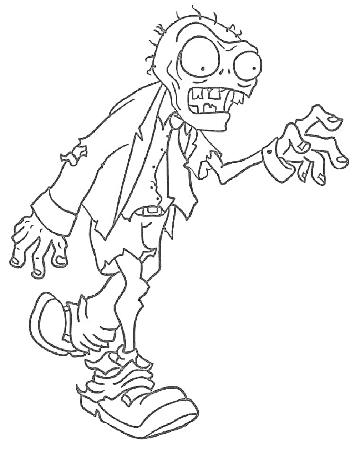 Раскраска Зомби в рваном костюме и ботинках с выпученными глазами и торчащими волосками на голове