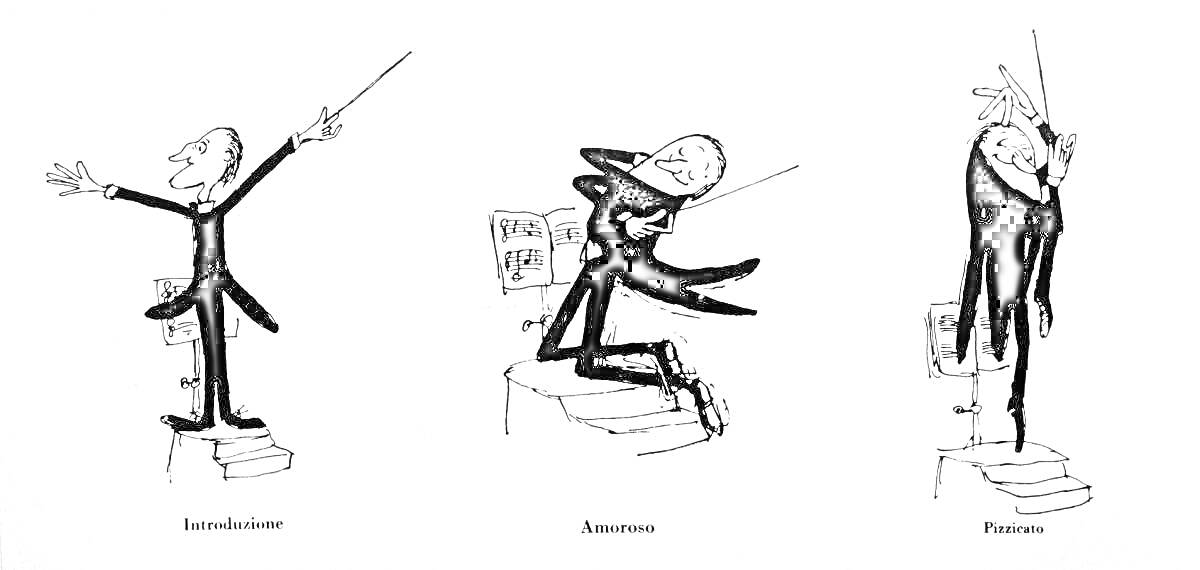 Раскраска Дирижер в различных позах на подиуме: вдохновение, антракт, финал