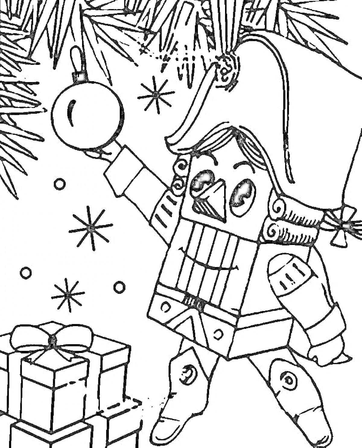 На раскраске изображено: Щелкунчик, Новогодняя елка, Подарки, Мышиный король, Новый год
