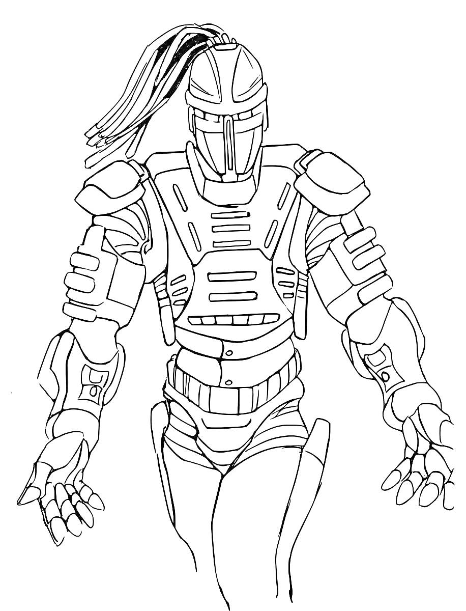 Кибер-воин в металлических доспехах с длинным хвостом на шлеме