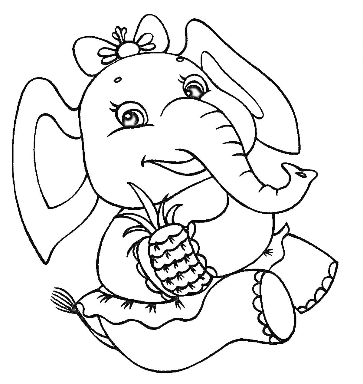 На раскраске изображено: Слон, Ананас, Бант, Животные, Для детей, Сидеть