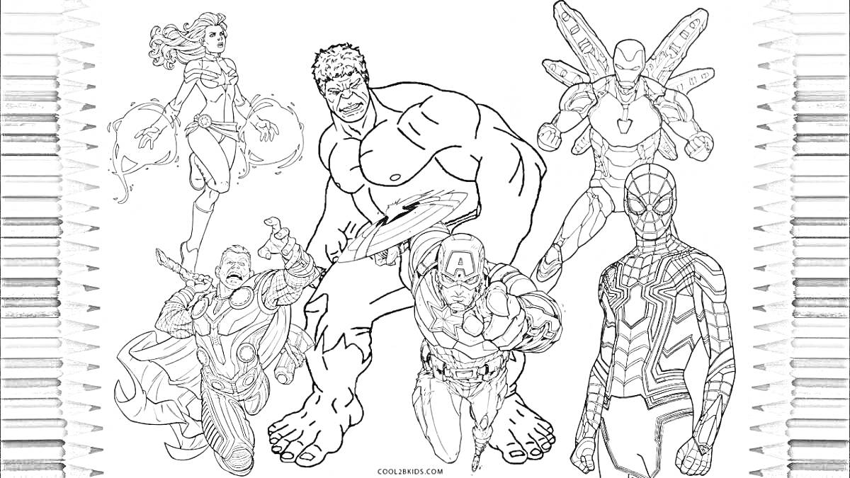 Раскраска Супергерои - Халк среди персонажей Marvel, включающих Человека-паука, Железного человека, Тора, Капитана Америку и Алую ведьму