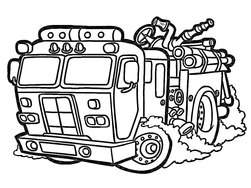 На раскраске изображено: Пожарная машина, Спасательная техника, Транспорт, 5 лет, 6 лет, 7 лет, Пожарная безопасность, Катушка, Лестница, Для детей, Мальчик, Авто
