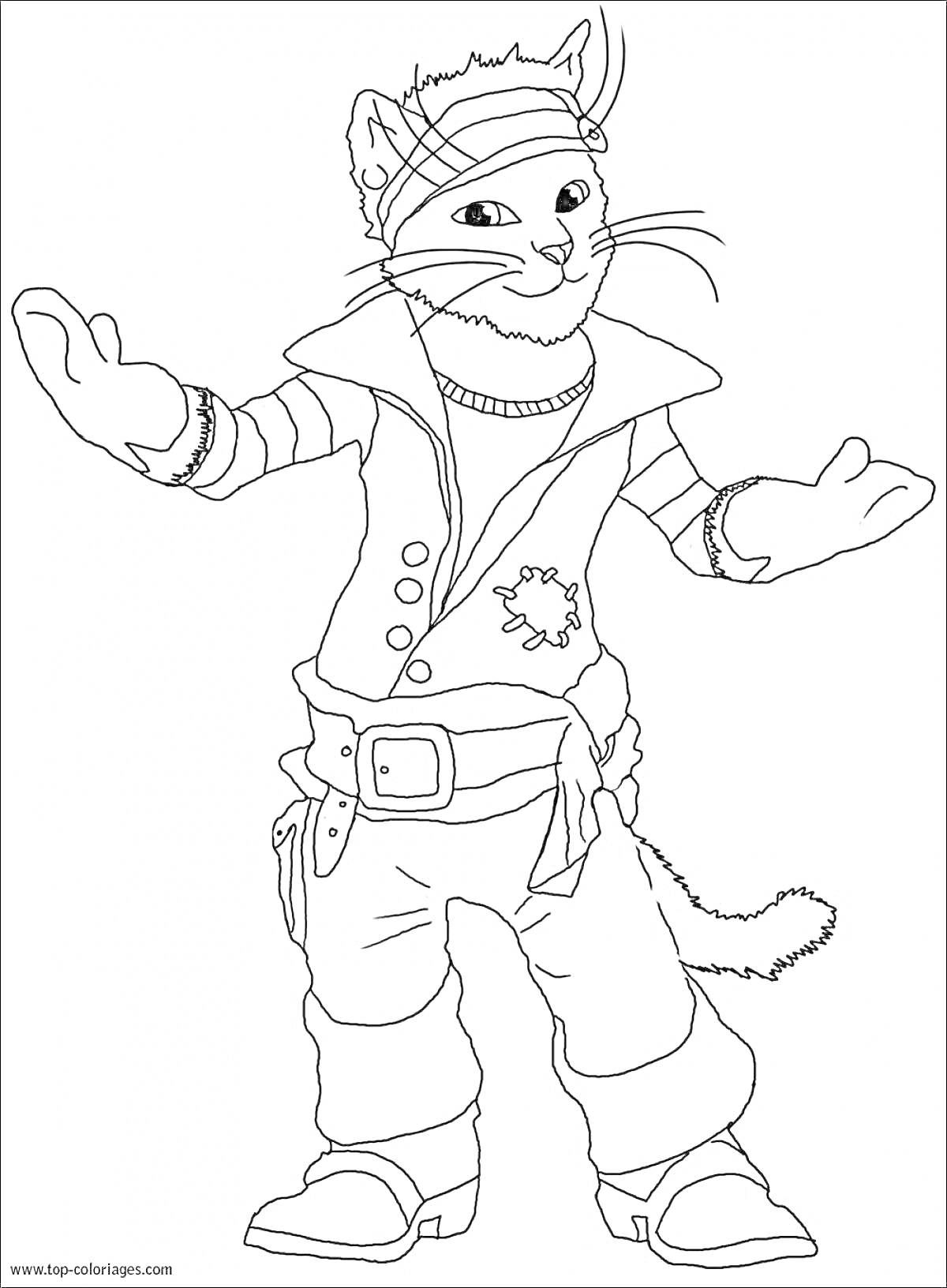 На раскраске изображено: Кот в сапогах, Пиратская одежда, Шляпа, Поднятые руки