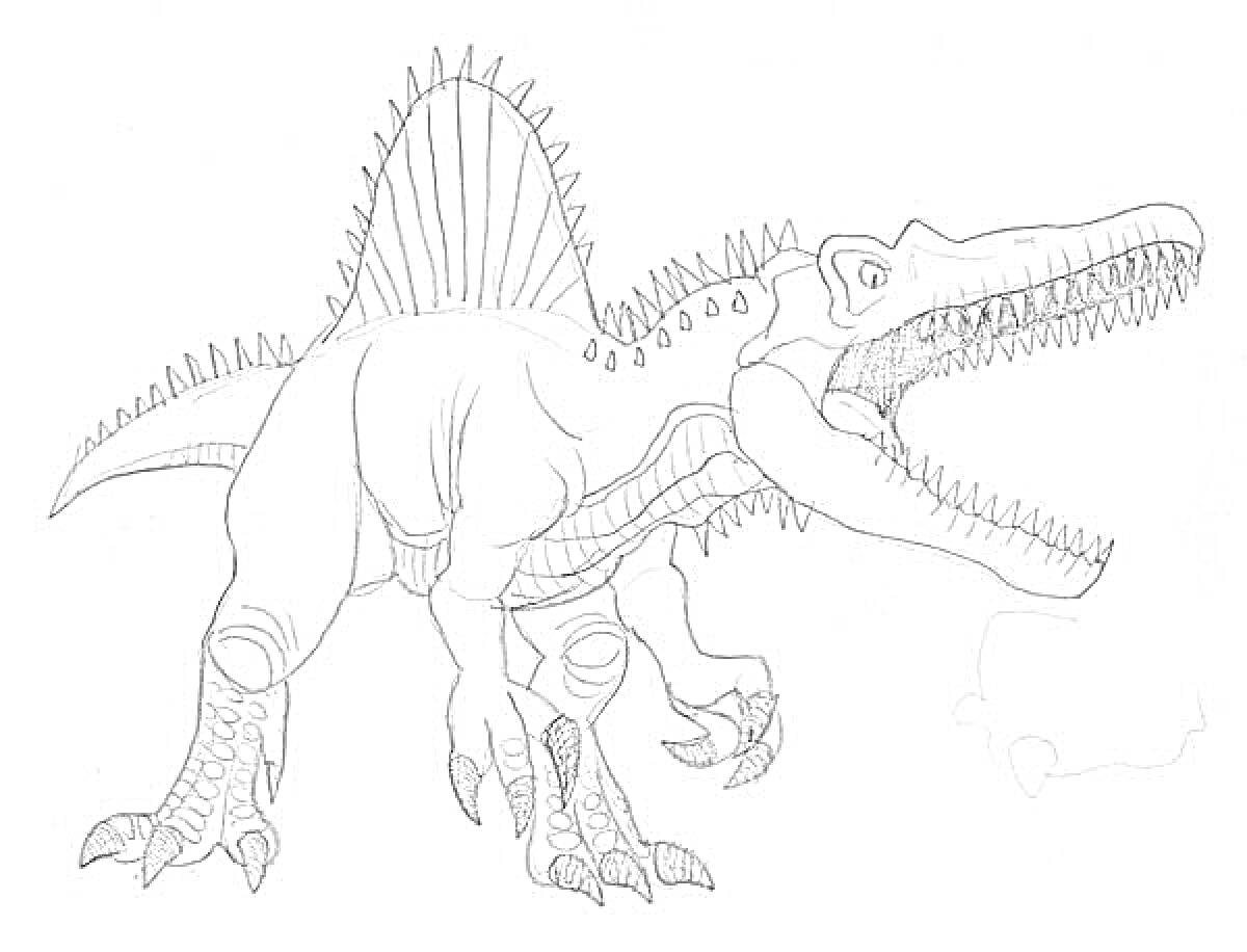 Раскраска Спинозавр с открытой пастью, когтями и длинным хвостом