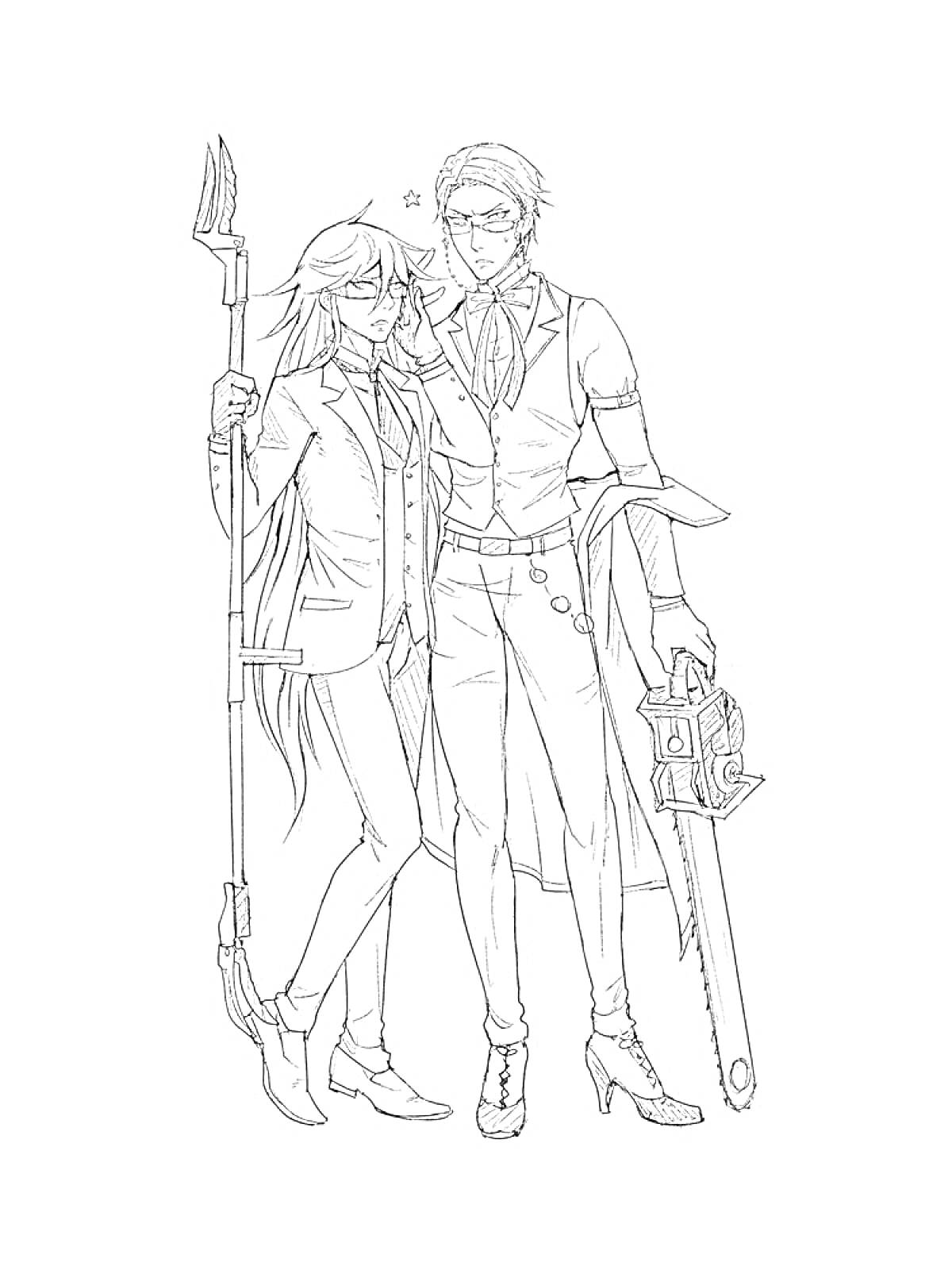 Раскраска Два персонажа в деловых костюмах с оружием, один с косой, другой с бензопилой